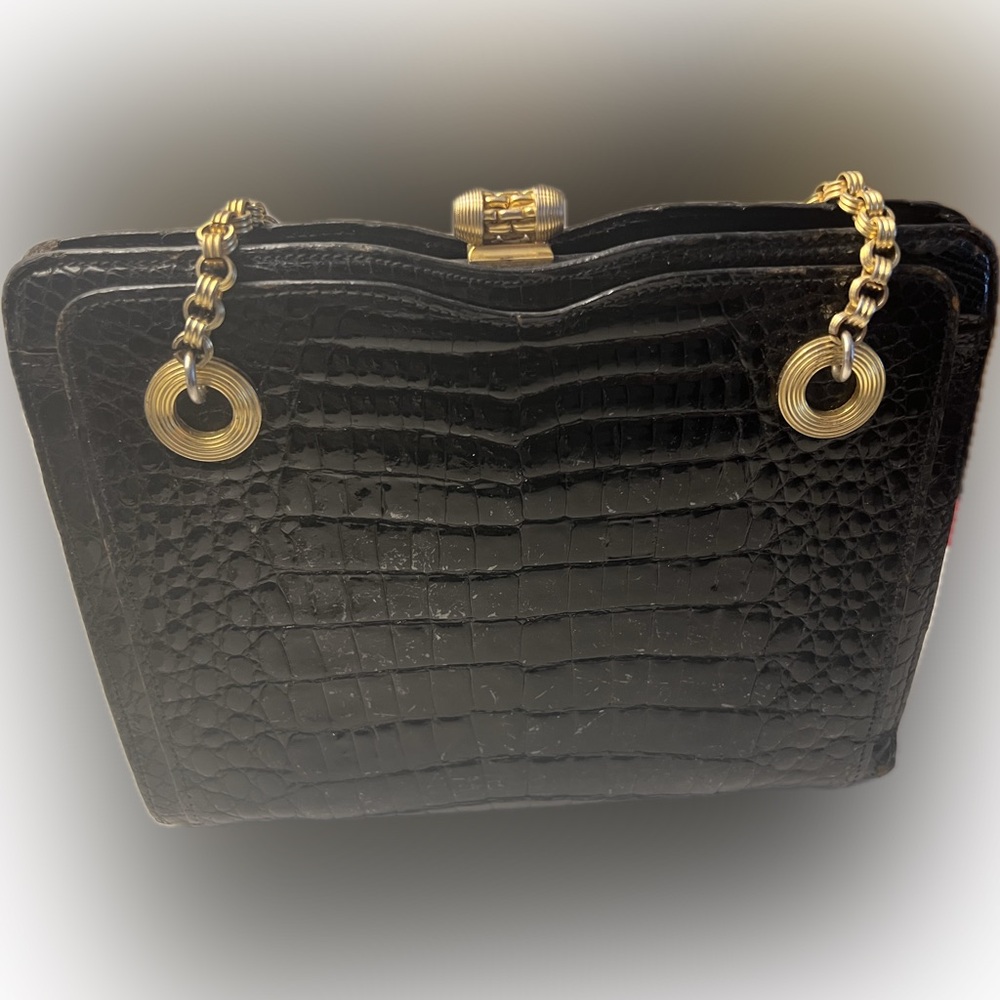 Mark Cross Alligator Vintage Handbag W/ Elegant Gold Chain Shoulder Strap - Picture 5 of 16